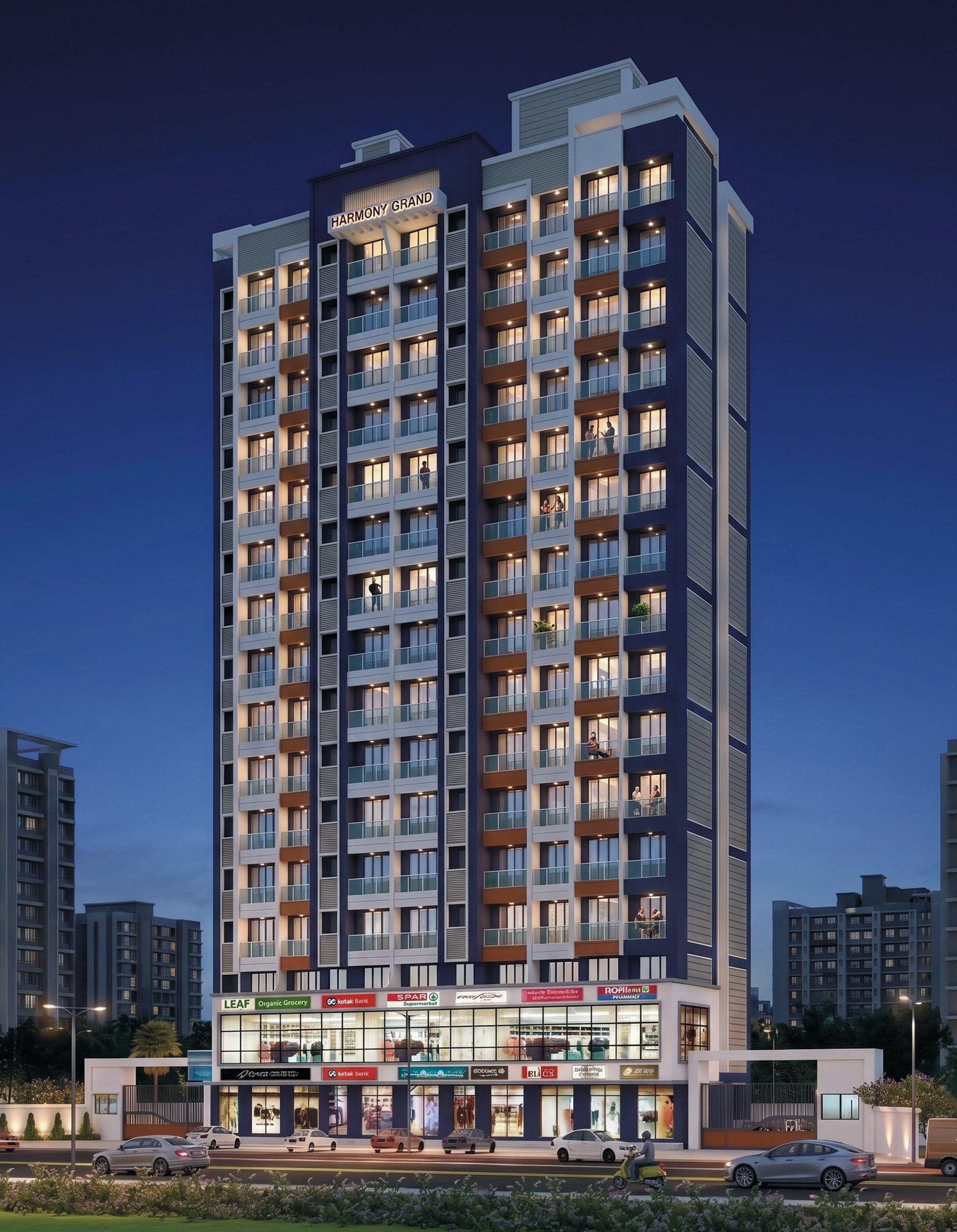 Harmony Grand at night, Virar East